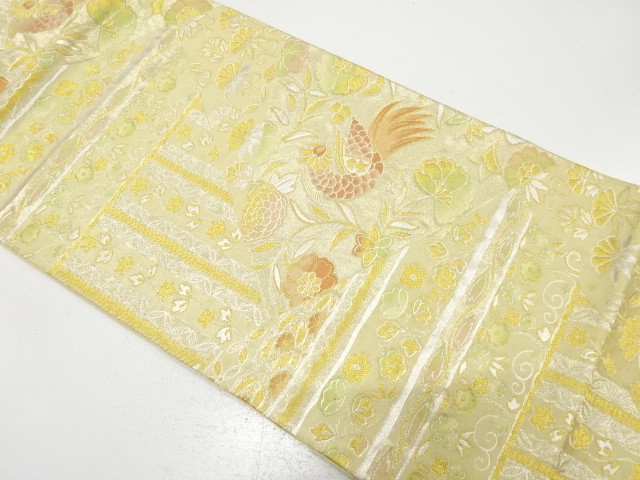 JAPANESE KIMONO / ANTIQUE FUKURO OBI / SILK / KIRIBAME STYLE / WOVEN FLOWERS & BIRDS & SARASA